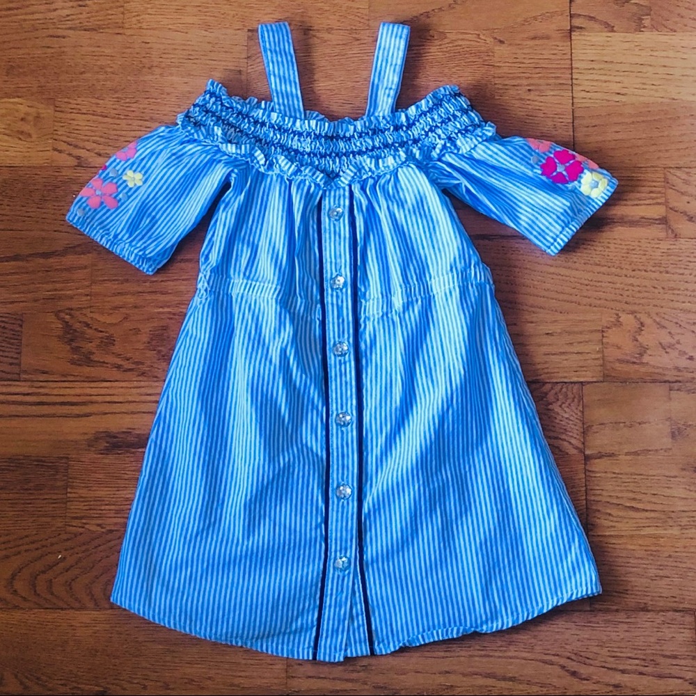 Blue & White Striped Dress with Floral Accents